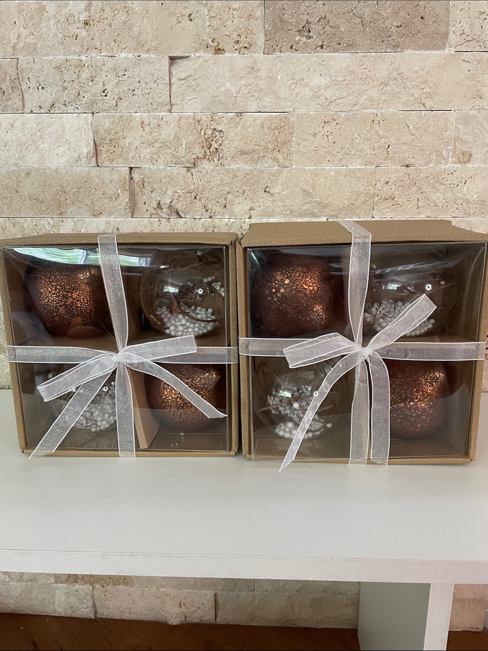Set of Shimmering Bronze and Clear Glass Ornaments (8 altogether)